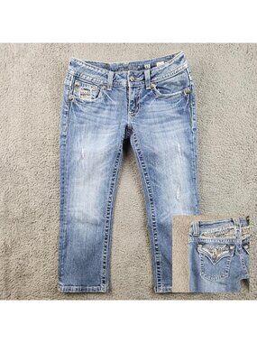Miss Me Jeans Size 27 Embellished Flap Pocket Low Rise Capri Thick Stitch Denim